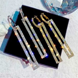 Luxury Full Rhinestones Claw Chain Rectangular Shape Drop Earrings